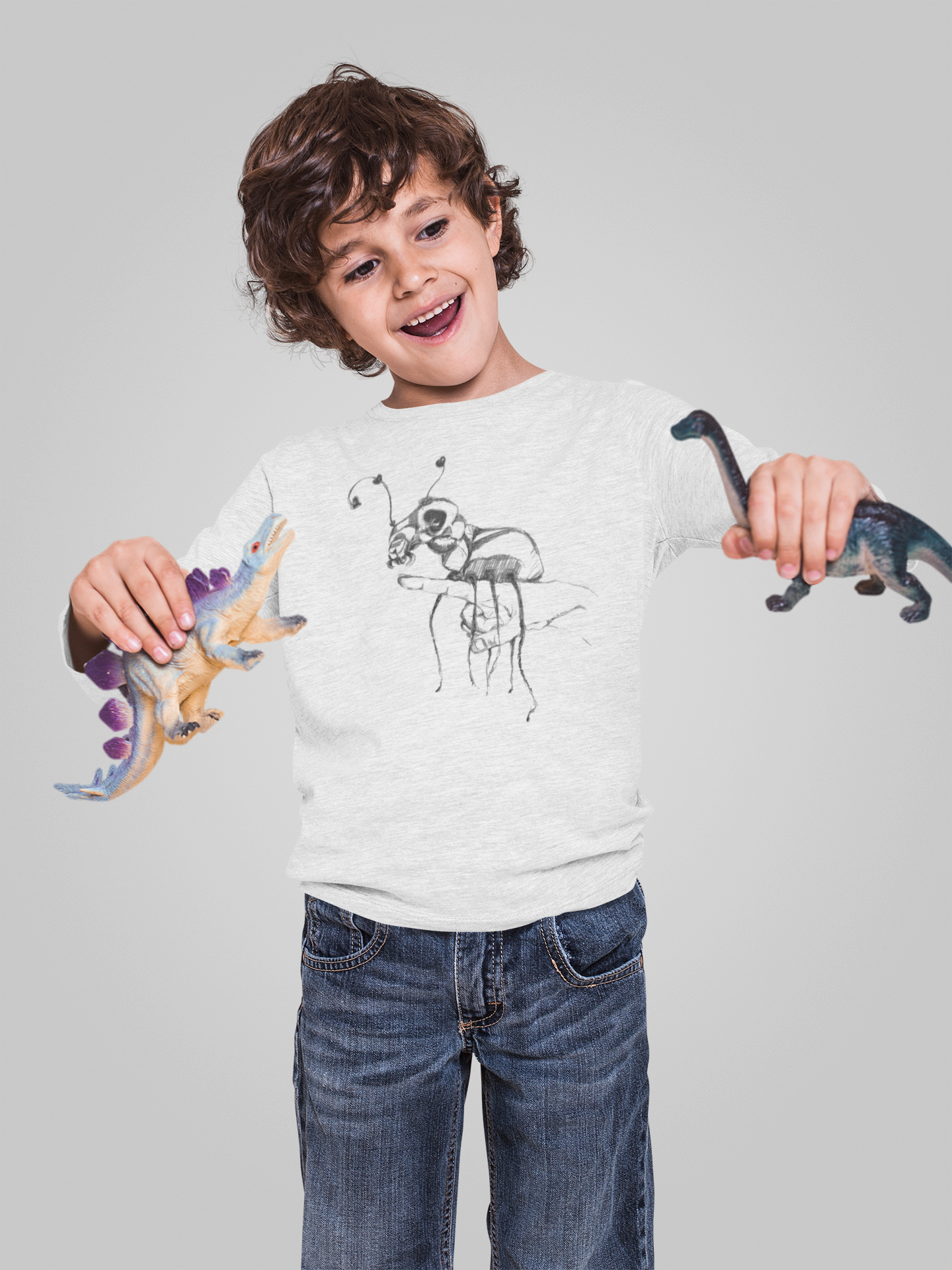 Alt attribute text: "Pencil art illustration of a boy with an ant on a finger, featured on a long sleeve shirt design."