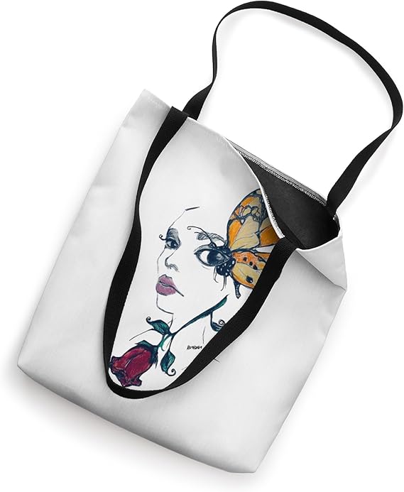 A beautifully designed tote bag featuring intricate pencil art of a butterfly and rose, showcasing artistic creativity and elegance.