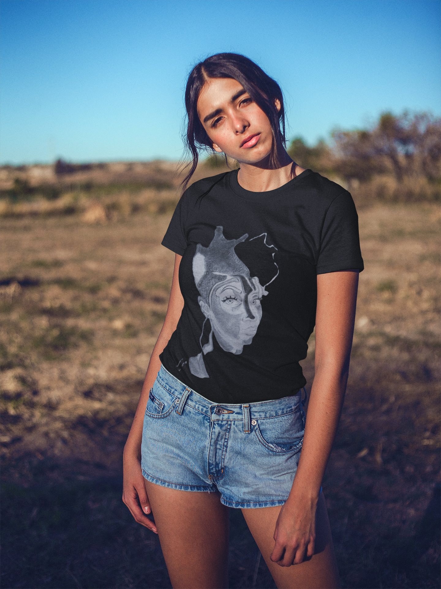 Pencil art illustration of a stylish lady wearing a black t-shirt, showcasing intricate details and shading techniques.