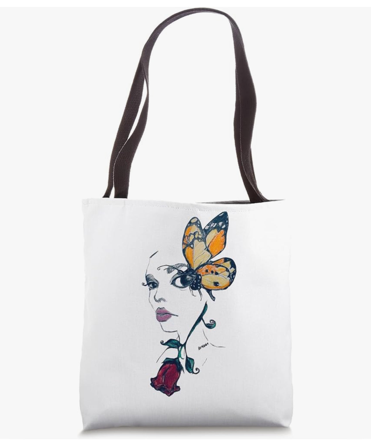 Alt text: "Beautiful pencil art design featuring a butterfly and rose on a tote bag, showcasing intricate details and artistic flair."